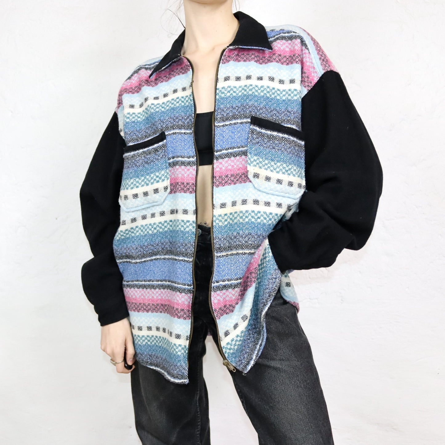 Vintage 80er 90er Wollhemd Flanellhemd Reißverschluss crazy pattern L