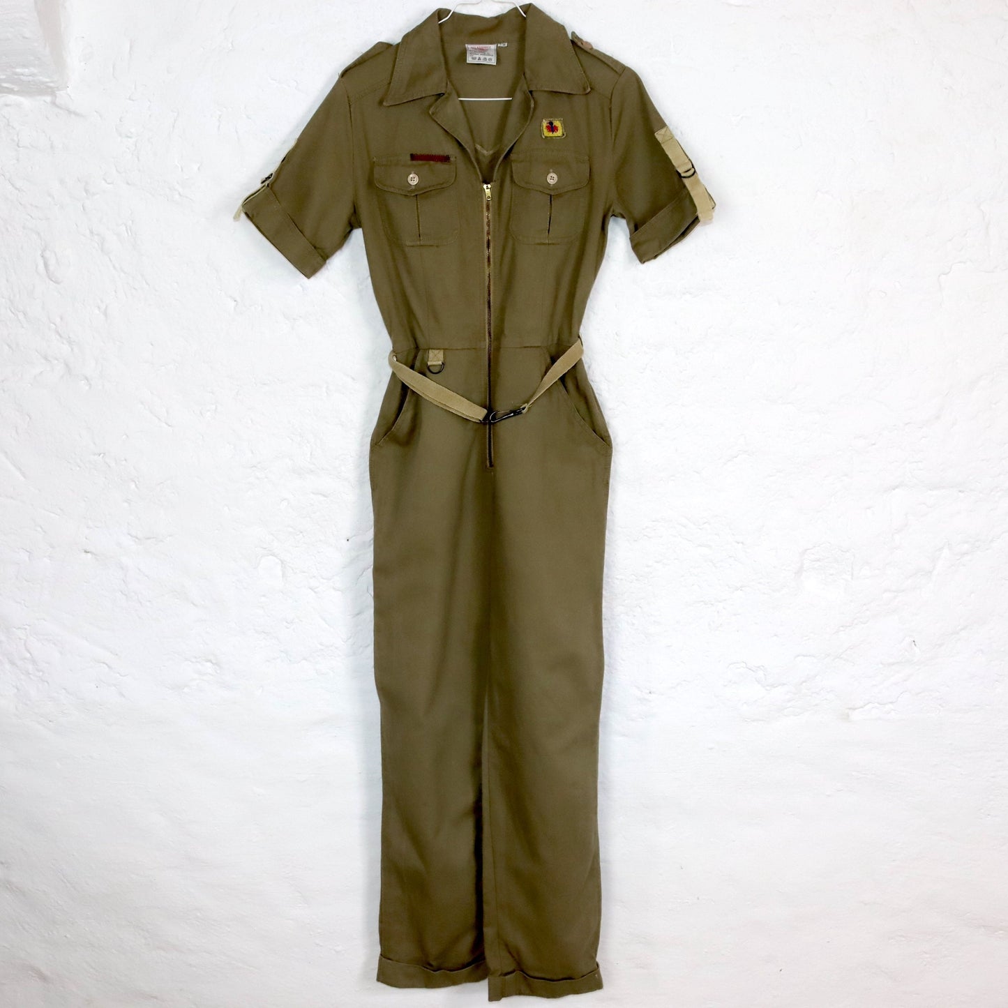 Vintage 70er 80er ROSE HIPS Overall Einteiler kurzarm Reißverschluss Denim khaki 36