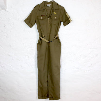 Vintage 70er 80er ROSE HIPS Overall Einteiler kurzarm Reißverschluss Denim khaki 36