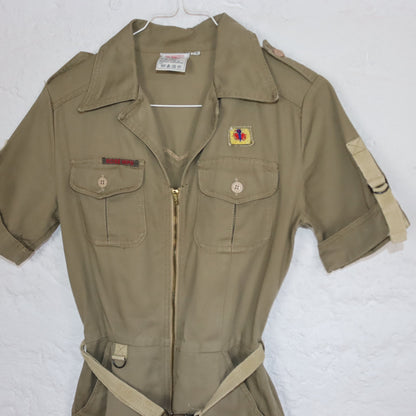 Vintage 70er 80er ROSE HIPS Overall Einteiler kurzarm Reißverschluss Denim khaki 36