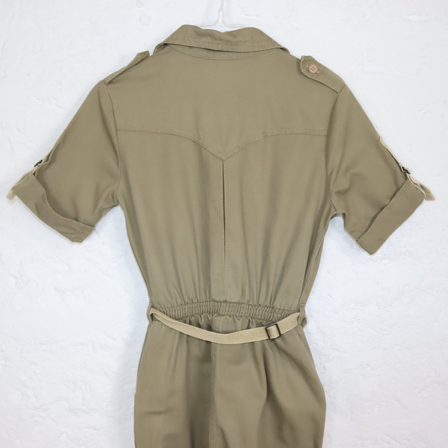 Vintage 70er 80er ROSE HIPS Overall Einteiler kurzarm Reißverschluss Denim khaki 36