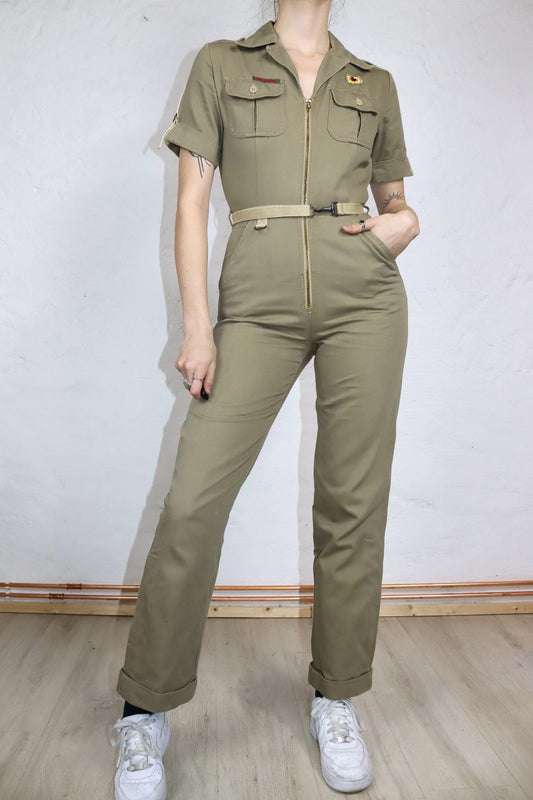 Vintage 70er 80er ROSE HIPS Overall Einteiler kurzarm Reißverschluss Denim khaki 36