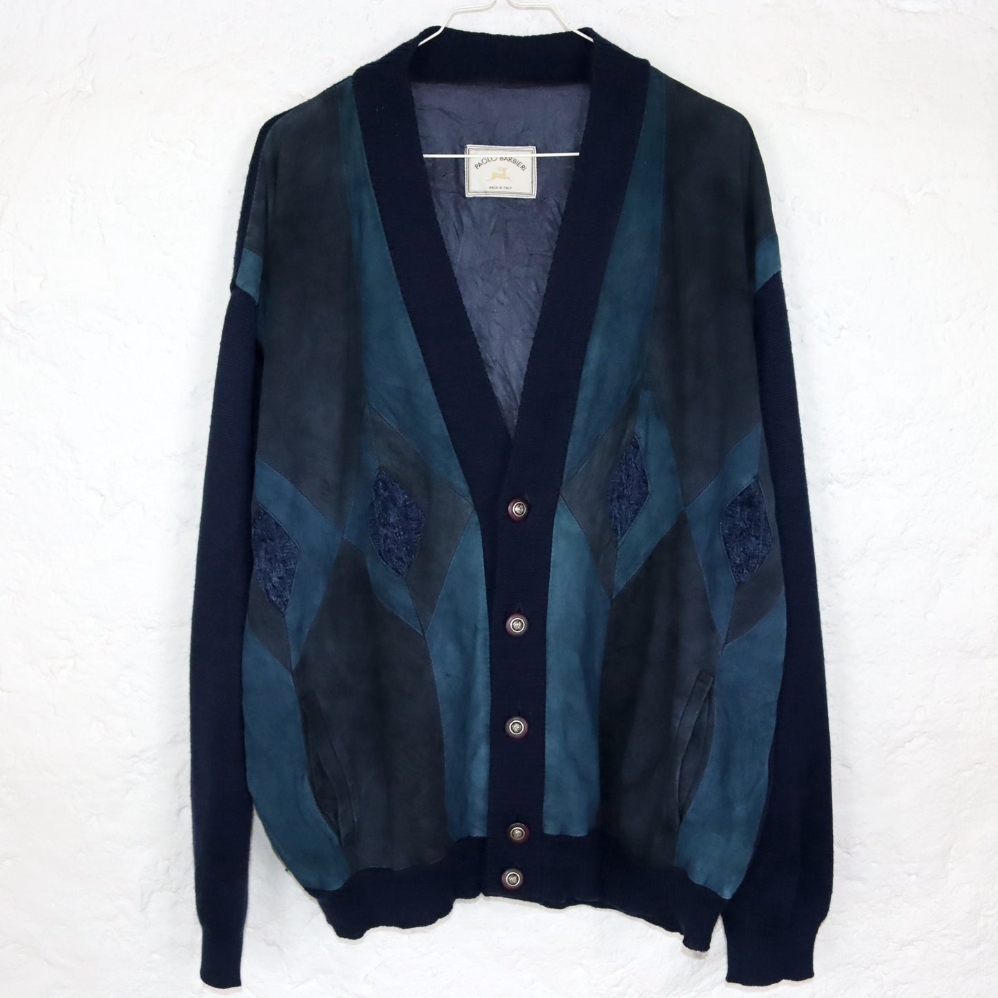 Vintage 80er 90er PAOLO BARBIERI Cardigan Wildleder Strick dunkelblau 56 XL