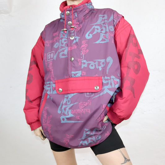 Vintage 80er 90er MAYER Jacke Überziehjacke gefüttert Stehkragen crazy pattern Bauchtasche L