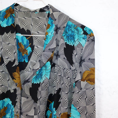 Vintage 80s 90s silk blouse, long-sleeved, crazy pattern, flowers, S/M
