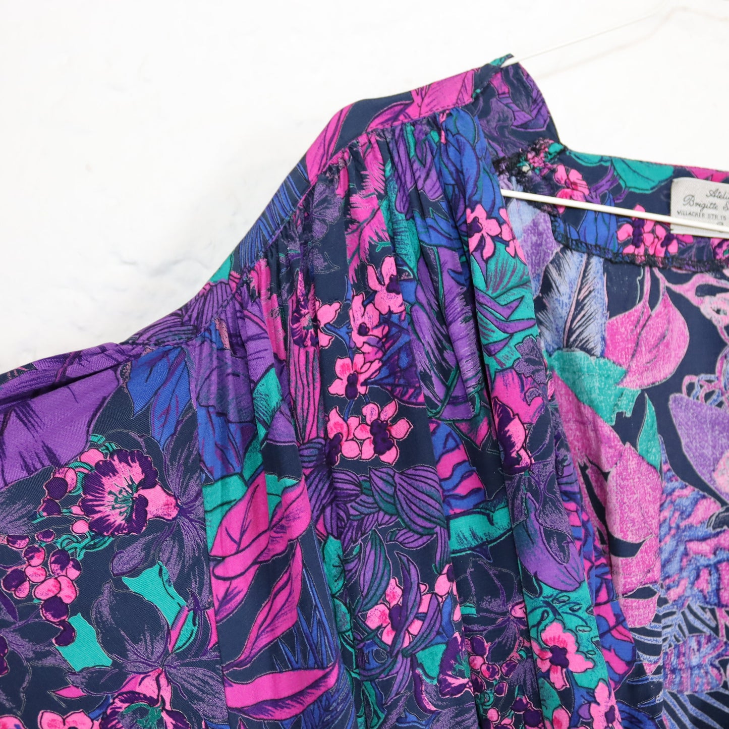Vintage 80er 90er Atelier Brigitte Edlinger Bluse Wickelbluse crazy pattern Lila grün M