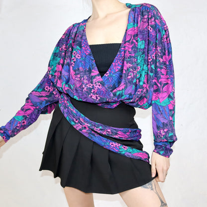Vintage 80er 90er Atelier Brigitte Edlinger Bluse Wickelbluse crazy pattern Lila grün M