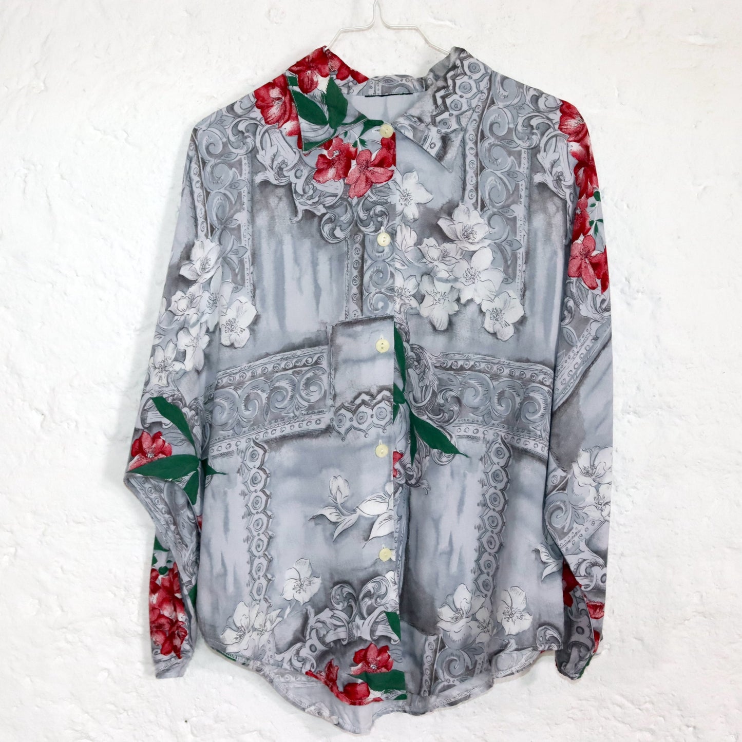 Vintage 80er 90er Bluse langarm Fledermausärmel Viskose crazy pattern Blumen grau M