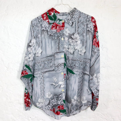 Vintage 80er 90er Bluse langarm Fledermausärmel Viskose crazy pattern Blumen grau M