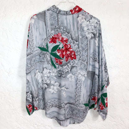 Vintage 80er 90er Bluse langarm Fledermausärmel Viskose crazy pattern Blumen grau M