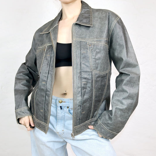 Vintage 80er 90er Lederjacke Jacke Kalbsleder grau  used look 48 M