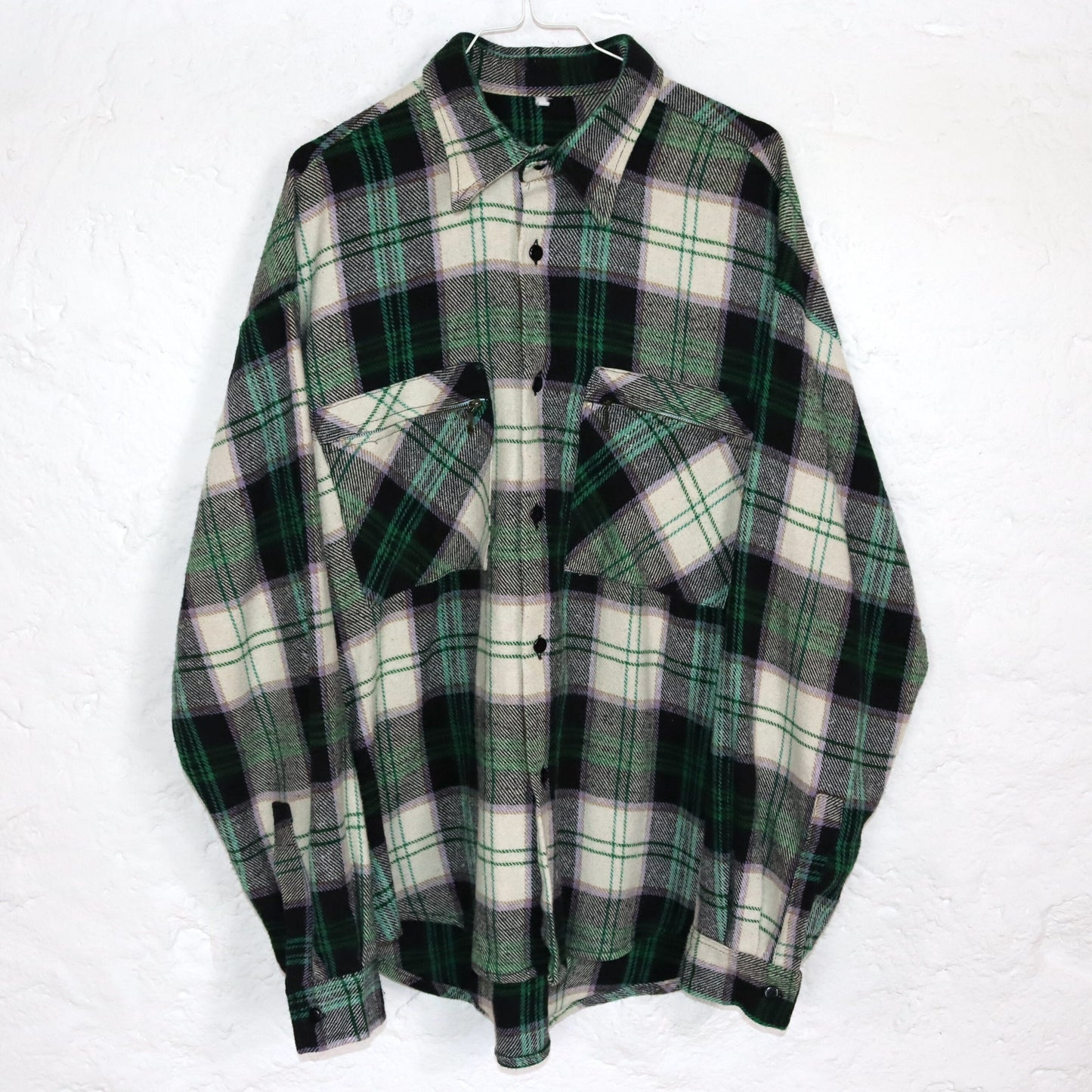 Vintage 80s 90s flannel shirt checked long sleeve shirt zipper green purple L