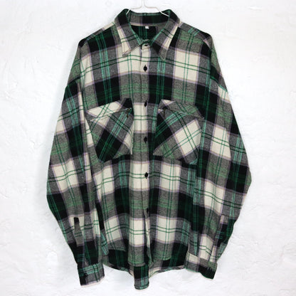 Vintage 80s 90s flannel shirt checked long sleeve shirt zipper green purple L
