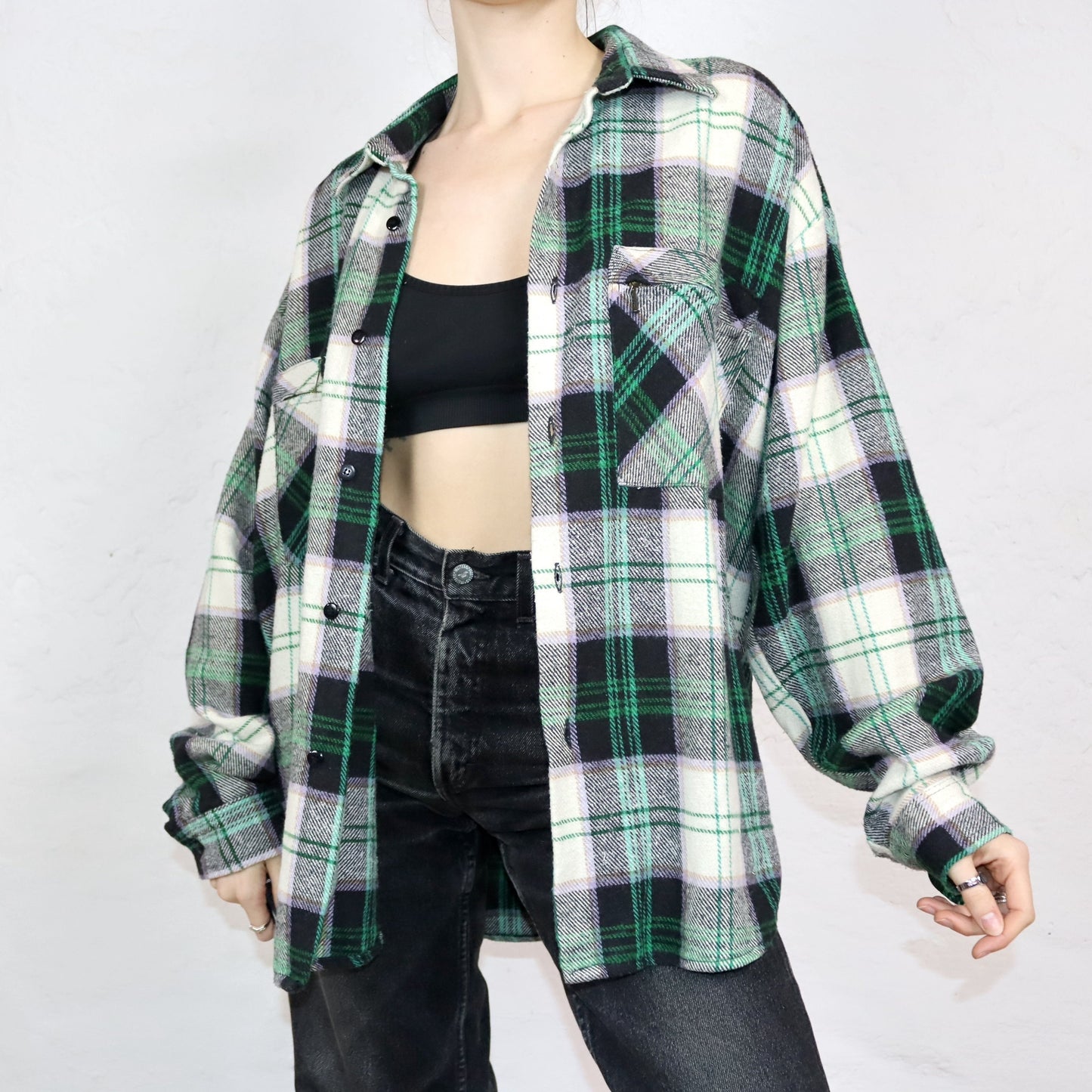 Vintage 80s 90s flannel shirt checked long sleeve shirt zipper green purple L