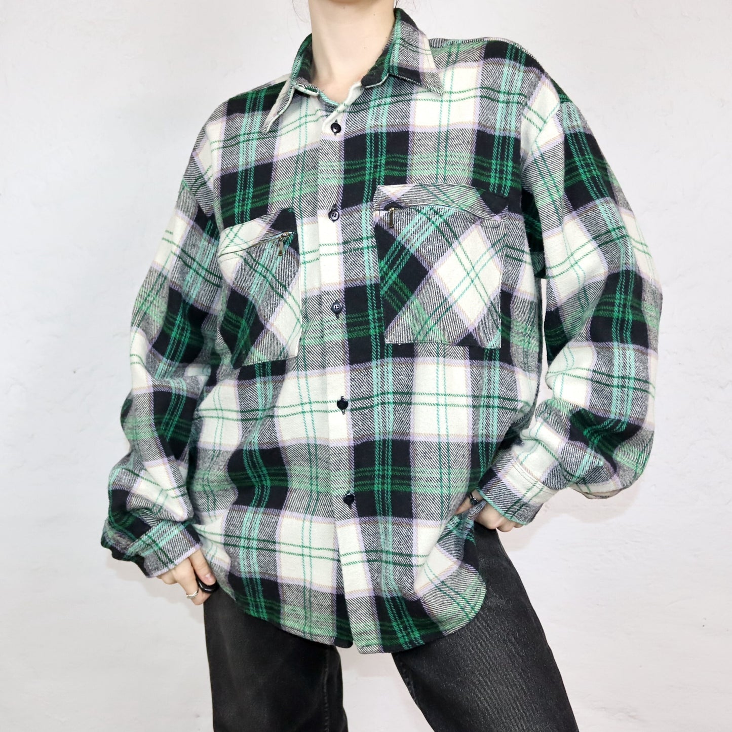 Vintage 80s 90s flannel shirt checked long sleeve shirt zipper green purple L