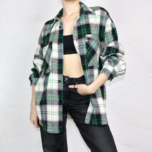 Vintage 80s 90s flannel shirt checked long sleeve shirt zipper green purple L