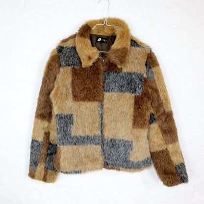Vintage 90s 00s Y2k ORSAY fur jacket faux fur pattern brown grey with collar 40