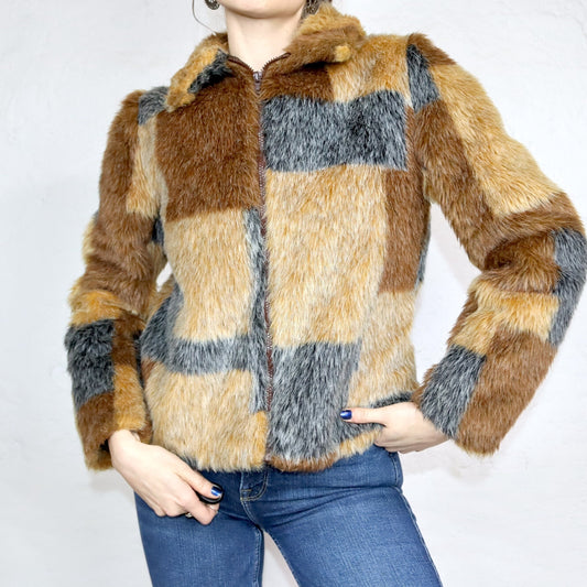 Vintage 90s 00s Y2k ORSAY fur jacket faux fur pattern brown grey with collar 40