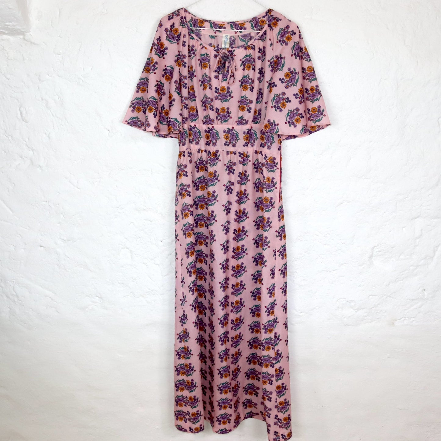 Vintage 80s 90s VEB Auerbach maxi dress short sleeve floral pattern colorful pink DDR S