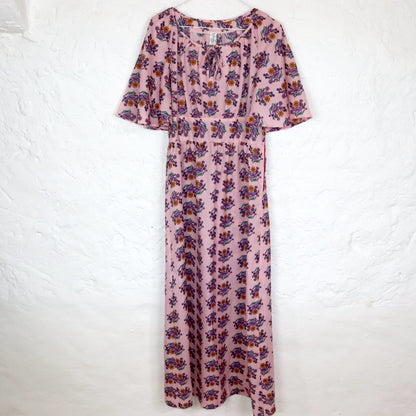 Vintage 80s 90s VEB Auerbach maxi dress short sleeve floral pattern colorful pink DDR S