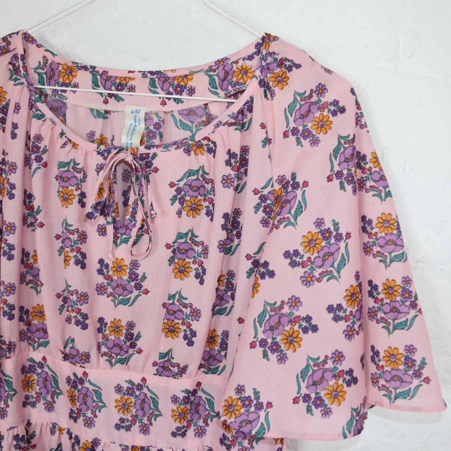 Vintage 80s 90s VEB Auerbach maxi dress short sleeve floral pattern colorful pink DDR S