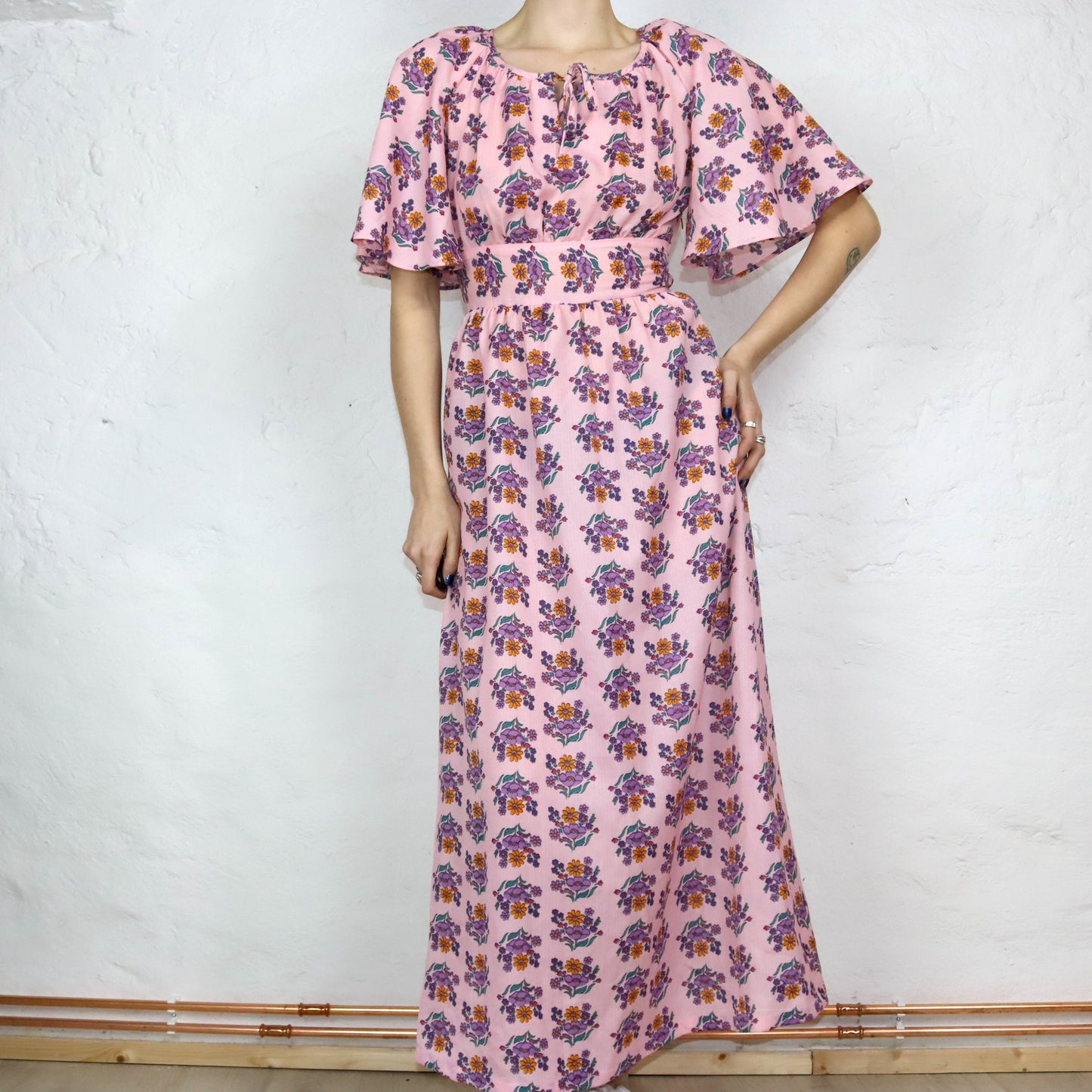 Vintage 80s 90s VEB Auerbach maxi dress short sleeve floral pattern colorful pink DDR S