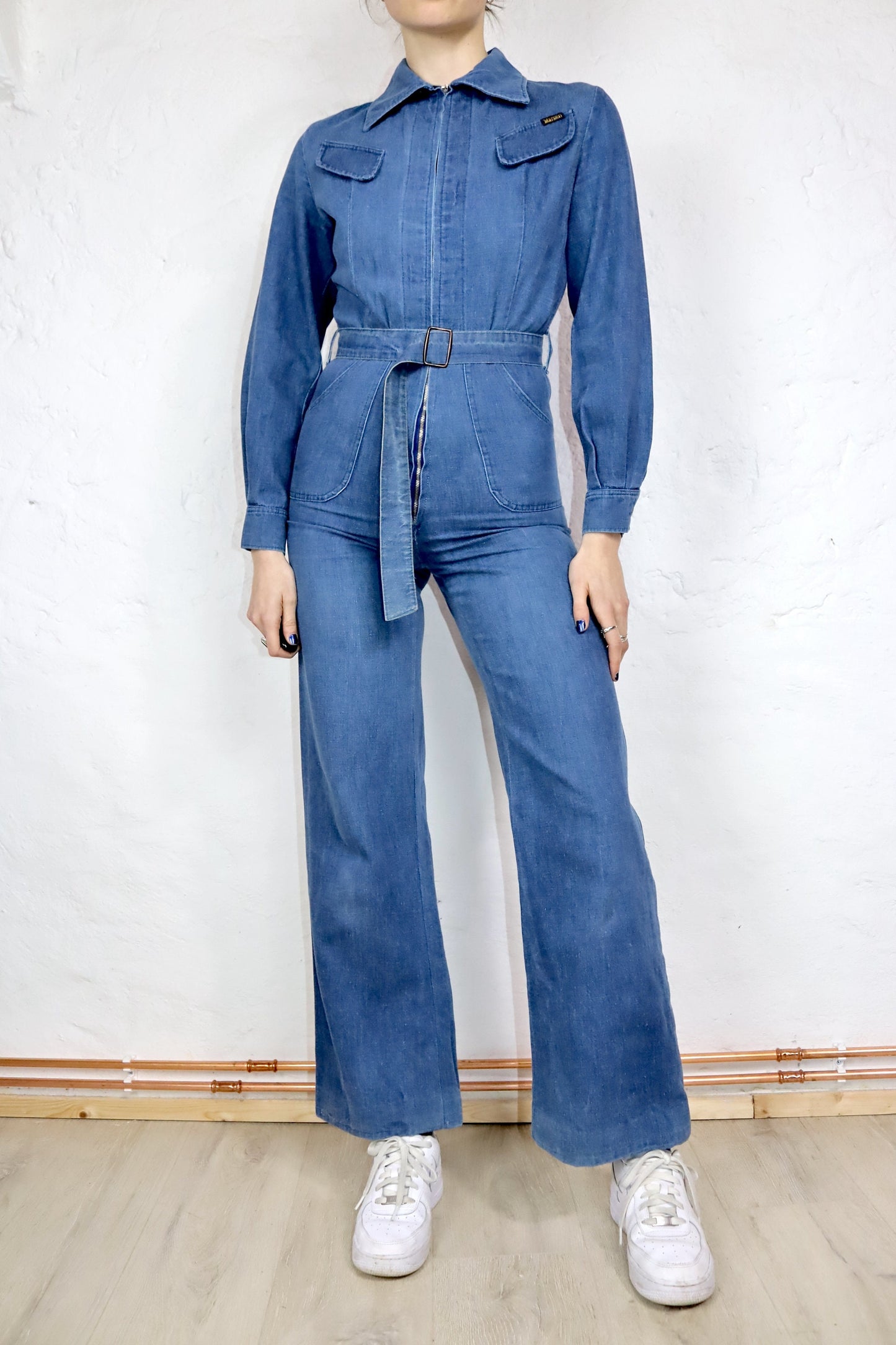 Vintage 70s 80s MARSNAL overall one-piece denim overall denim point collar flared trousers S