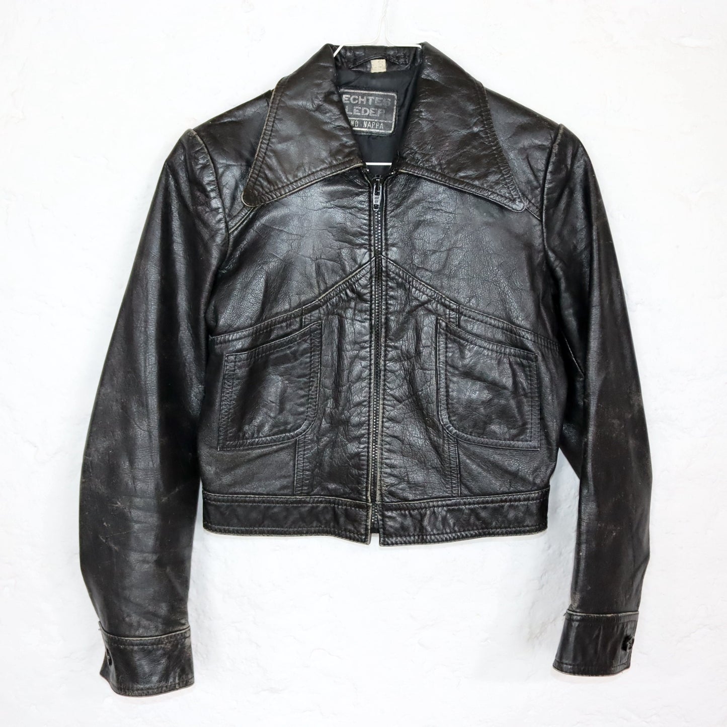 Vintage 70er 80er Lederjacke Nappa Leder Spitzkragen kurz schwarz XS/S