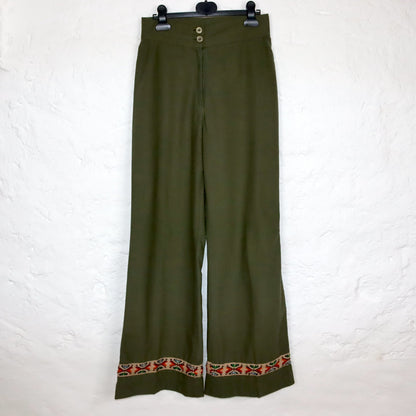 Vintage 70s 80s Marlene trousers high waist embroidery khaki dark green wide leg 38