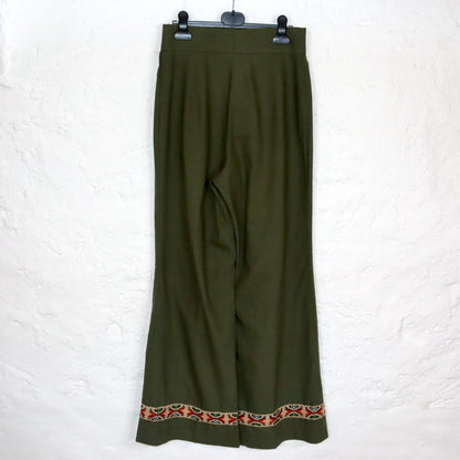 Vintage 70s 80s Marlene trousers high waist embroidery khaki dark green wide leg 38