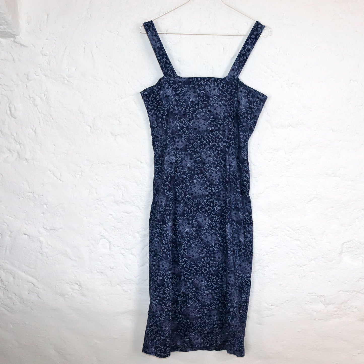 Vintage 80s 90s midi dress sleeveless button placket floral pattern dark blue S