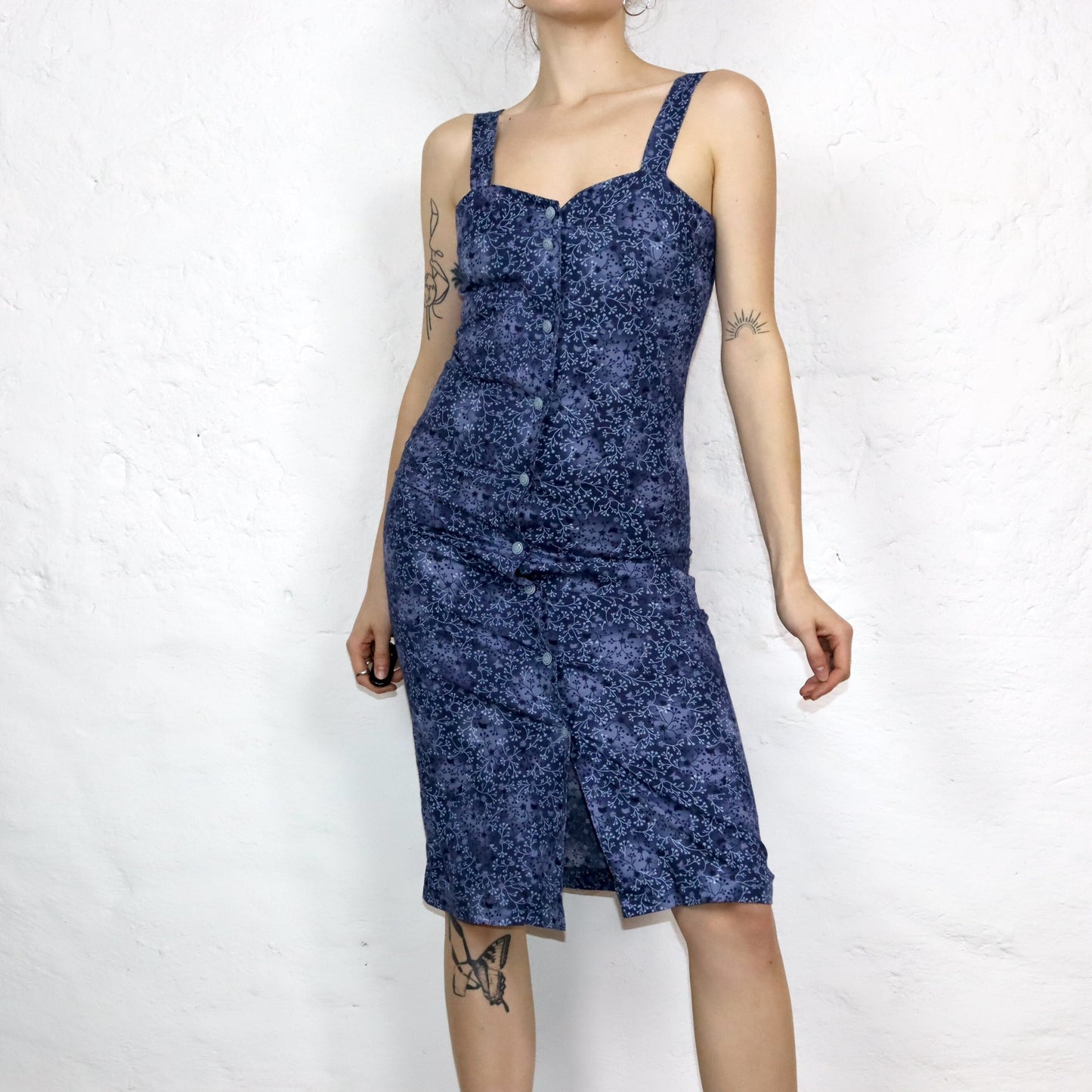 Vintage 80s 90s midi dress sleeveless button placket floral pattern dark blue S