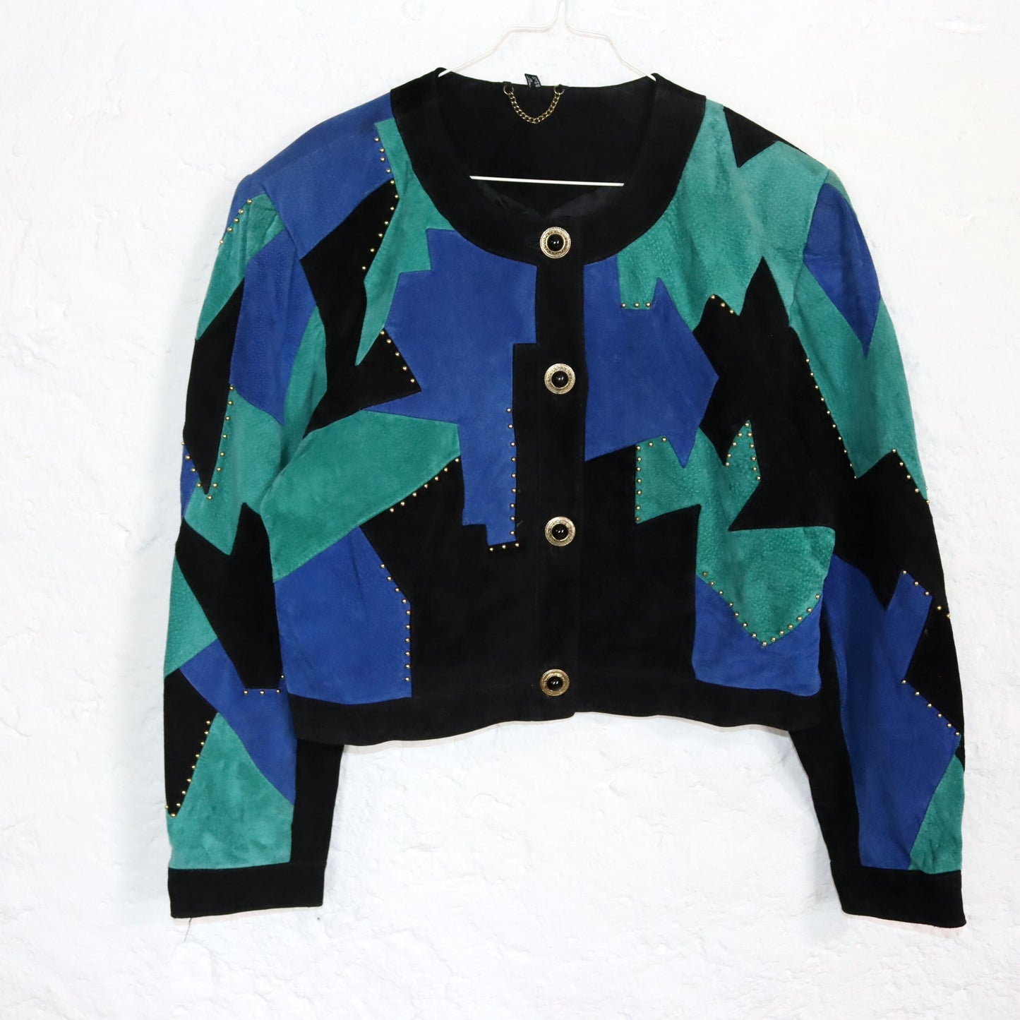 Vintage 80s 90s YESSICA suede jacket leather pattern black blue turquoise details shoulder pads 42