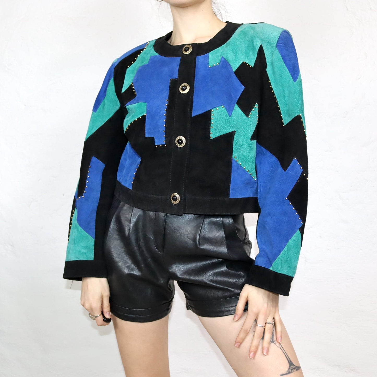 Vintage 80s 90s YESSICA suede jacket leather pattern black blue turquoise details shoulder pads 42
