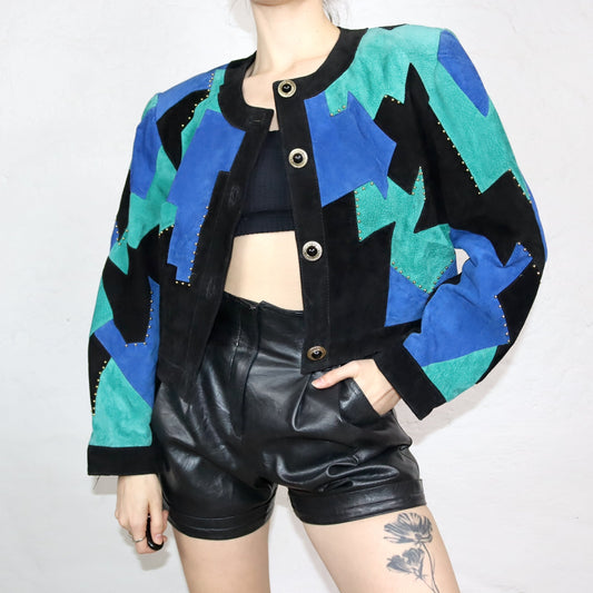Vintage 80s 90s YESSICA suede jacket leather pattern black blue turquoise details shoulder pads 42