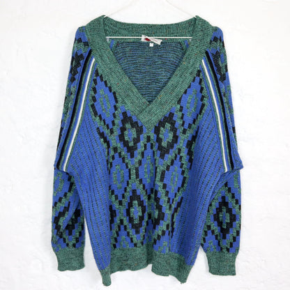 Vintage 80er 90er CENTOCAVALLI Pullover Wolle V-Ausschnitt grün blau gemustert M
