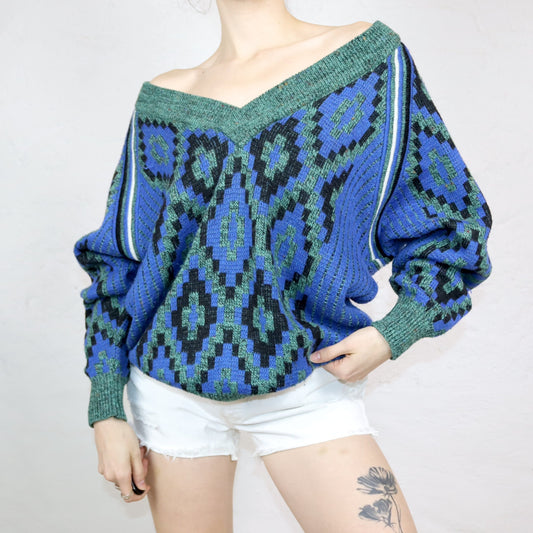 Vintage 80er 90er CENTOCAVALLI Pullover Wolle V-Ausschnitt grün blau gemustert M