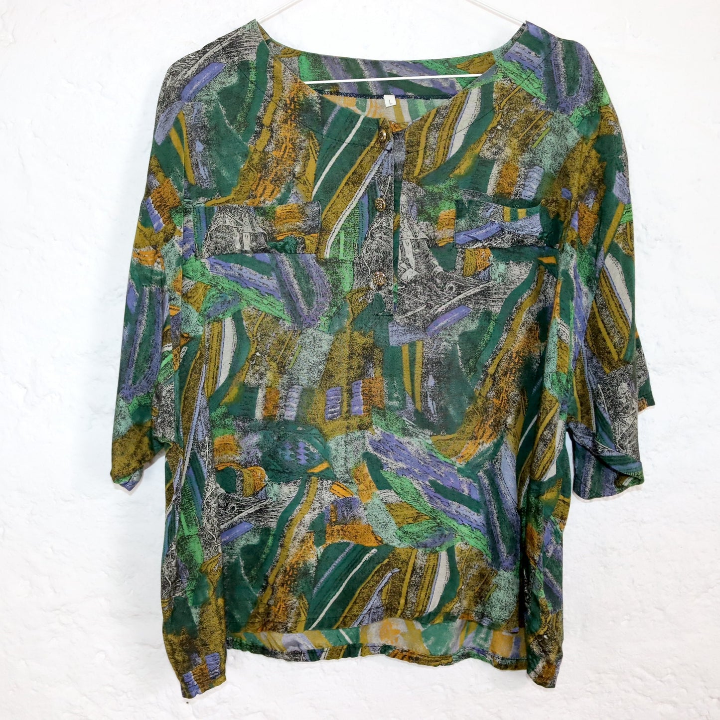 Vintage 80s 90s blouse short sleeve crazy pattern green yellow L