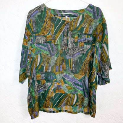 Vintage 80s 90s blouse short sleeve crazy pattern green yellow L