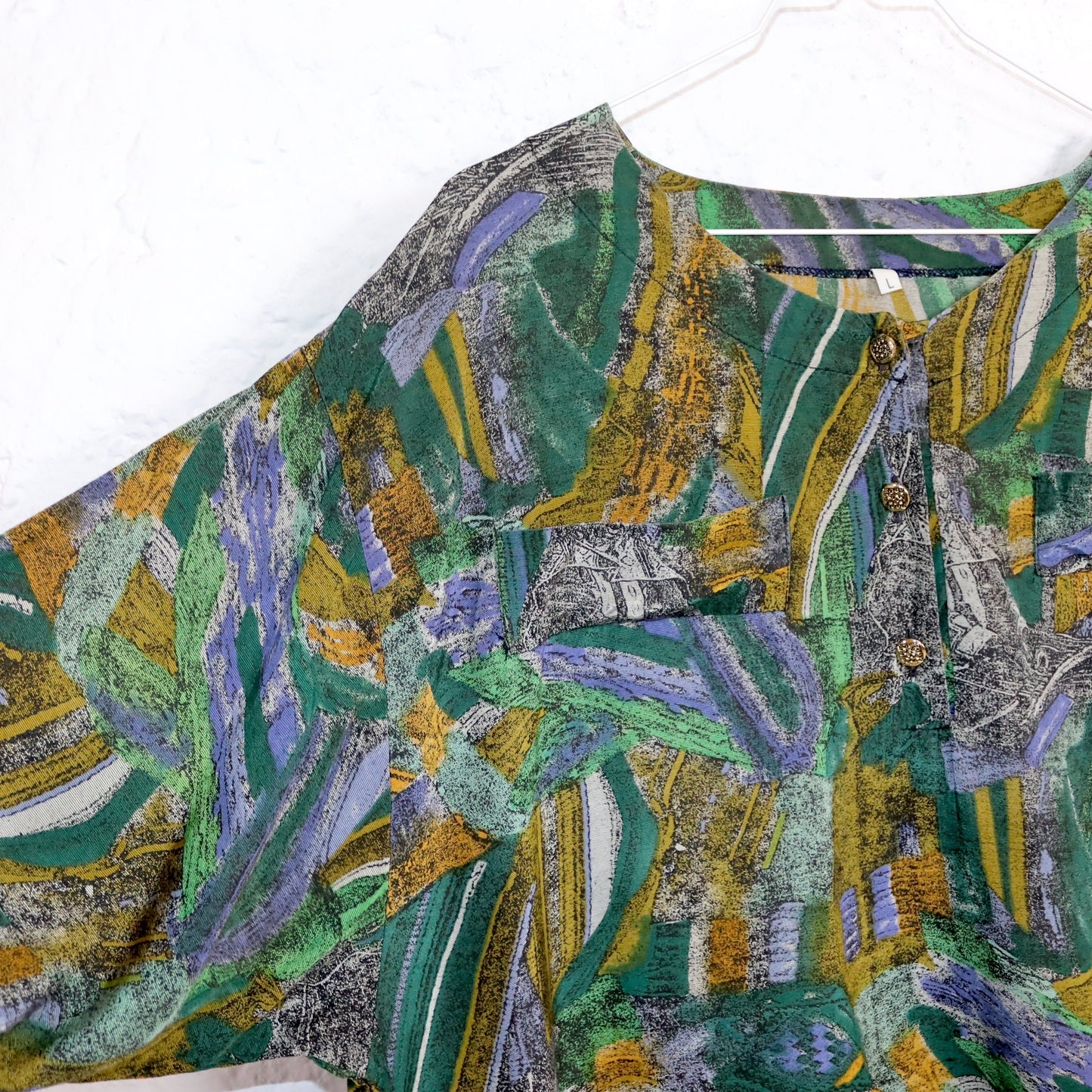 Vintage 80s 90s blouse short sleeve crazy pattern green yellow L