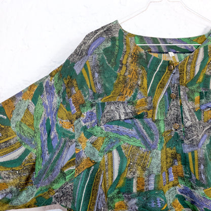 Vintage 80s 90s blouse short sleeve crazy pattern green yellow L
