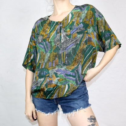 Vintage 80s 90s blouse short sleeve crazy pattern green yellow L