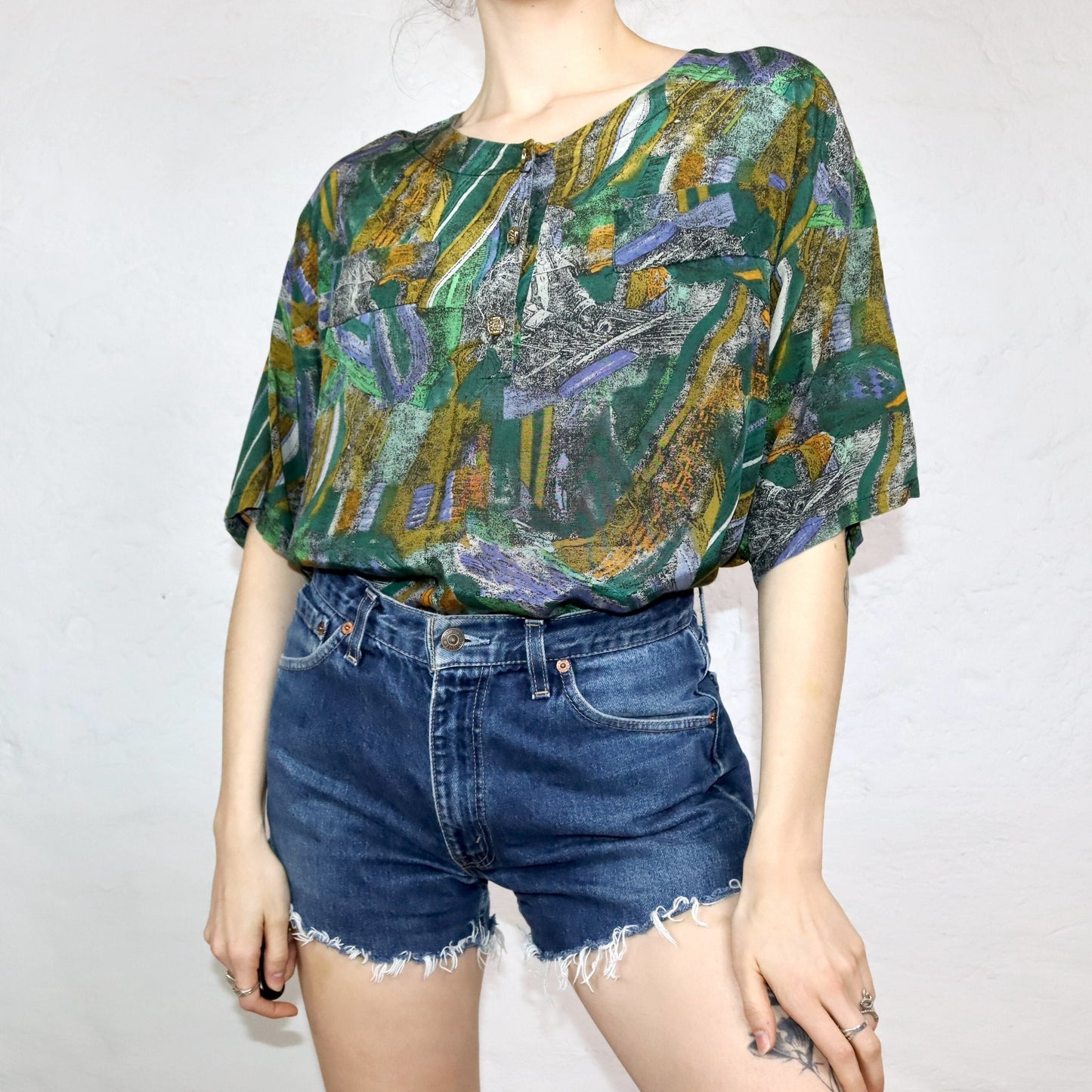 Vintage 80s 90s blouse short sleeve crazy pattern green yellow L