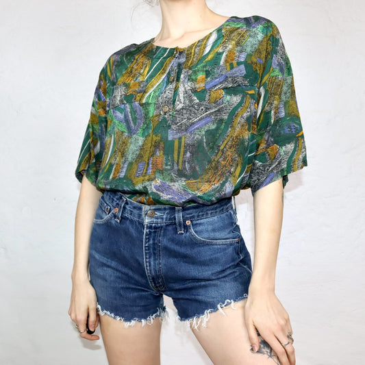 Vintage 80er 90er Bluse kurzarm crazy pattern grün gelb L