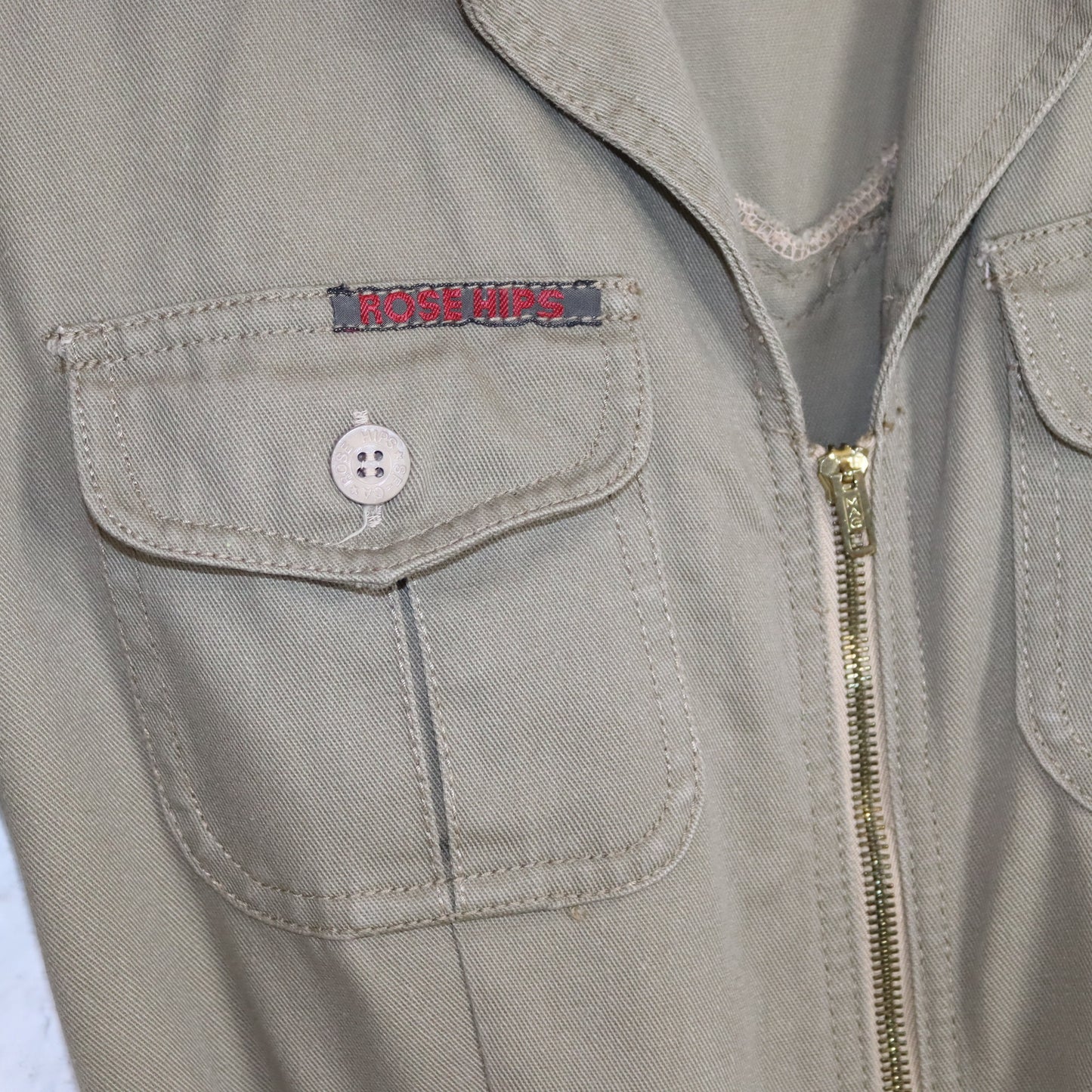 Vintage 70er 80er ROSE HIPS Overall Einteiler kurzarm Reißverschluss Denim khaki 36