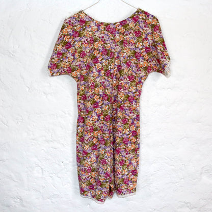Vintage 80s 90s FORENZA one-piece jumpsuit short sleeve floral pattern crocheted collar lace S/M
