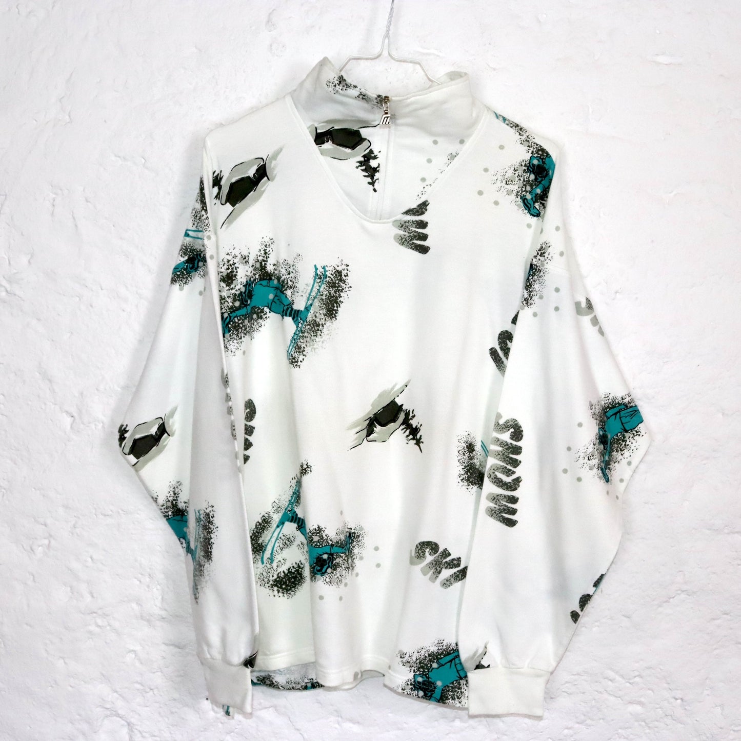 Vintage 80er 90er MEDICO Sweatshirt crazy pattern Skipullover Stehkragen weiß türkis 42