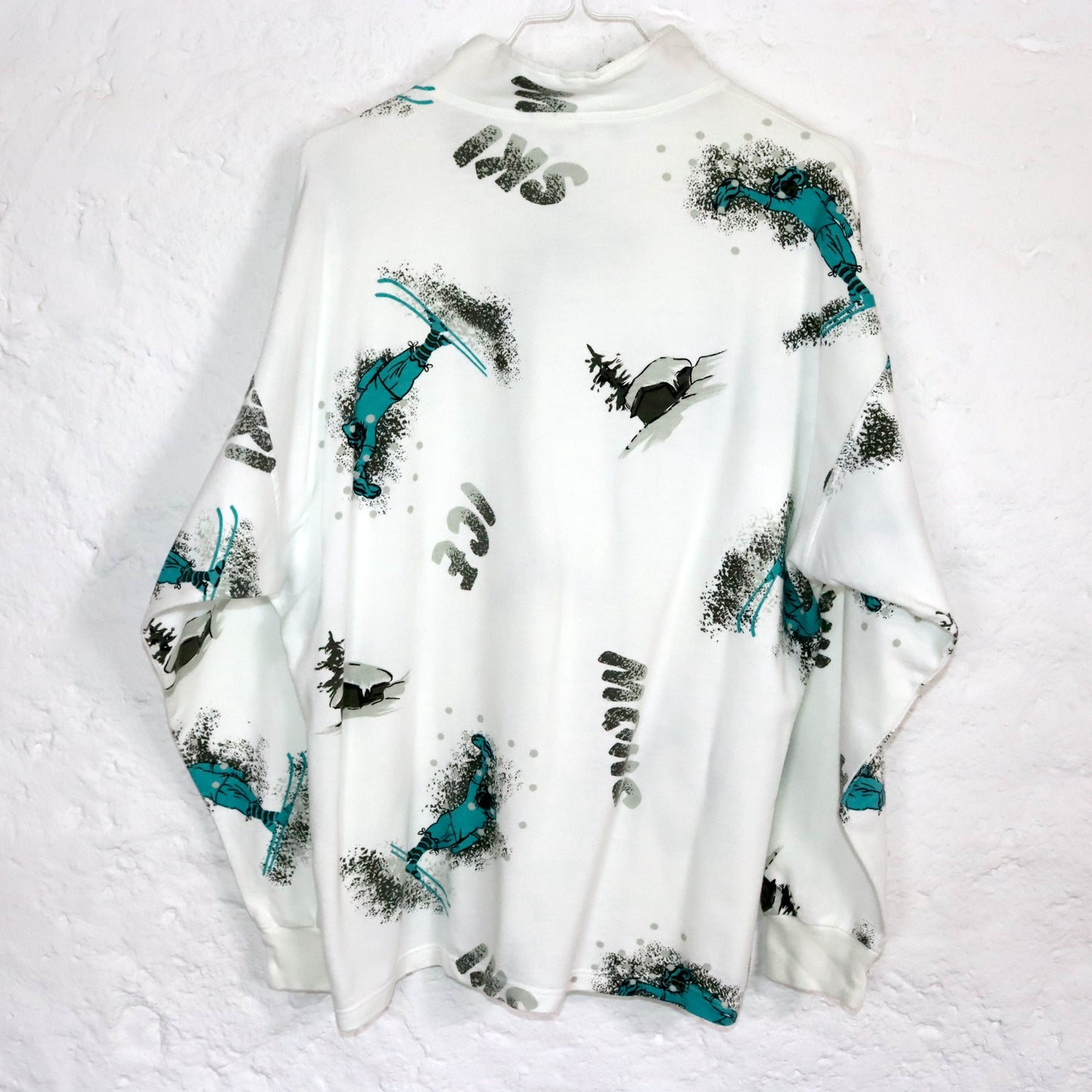 Vintage 80er 90er MEDICO Sweatshirt crazy pattern Skipullover Stehkragen weiß türkis 42