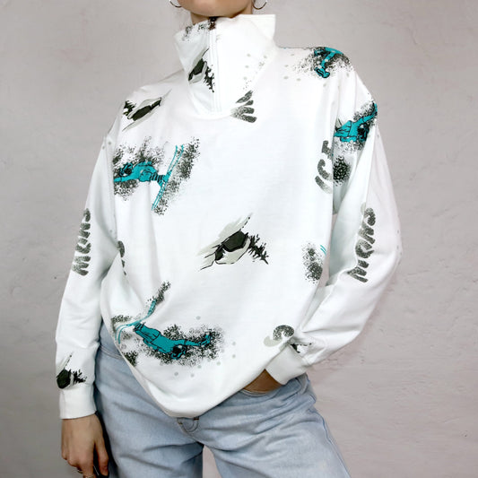 Vintage 80er 90er MEDICO Sweatshirt crazy pattern Skipullover Stehkragen weiß türkis 42