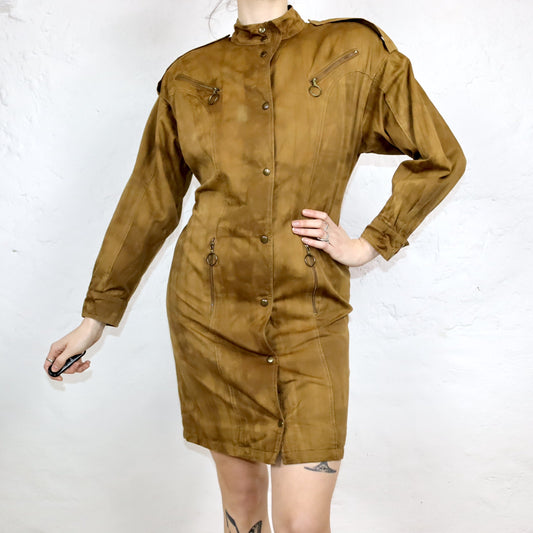 Vintage 80er 90er LEDAS Kleid kurz langarm Knopfreihe Schulterpolster Reißverschlüsse braun 38/40